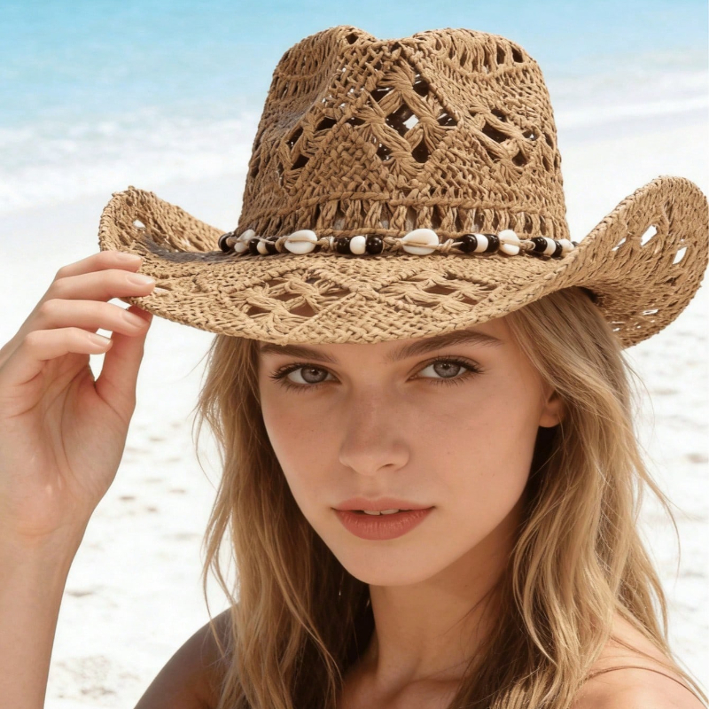 1pc Boho Shell Hollow Out Stra - Cowboy Hat Straw のレビューと価格