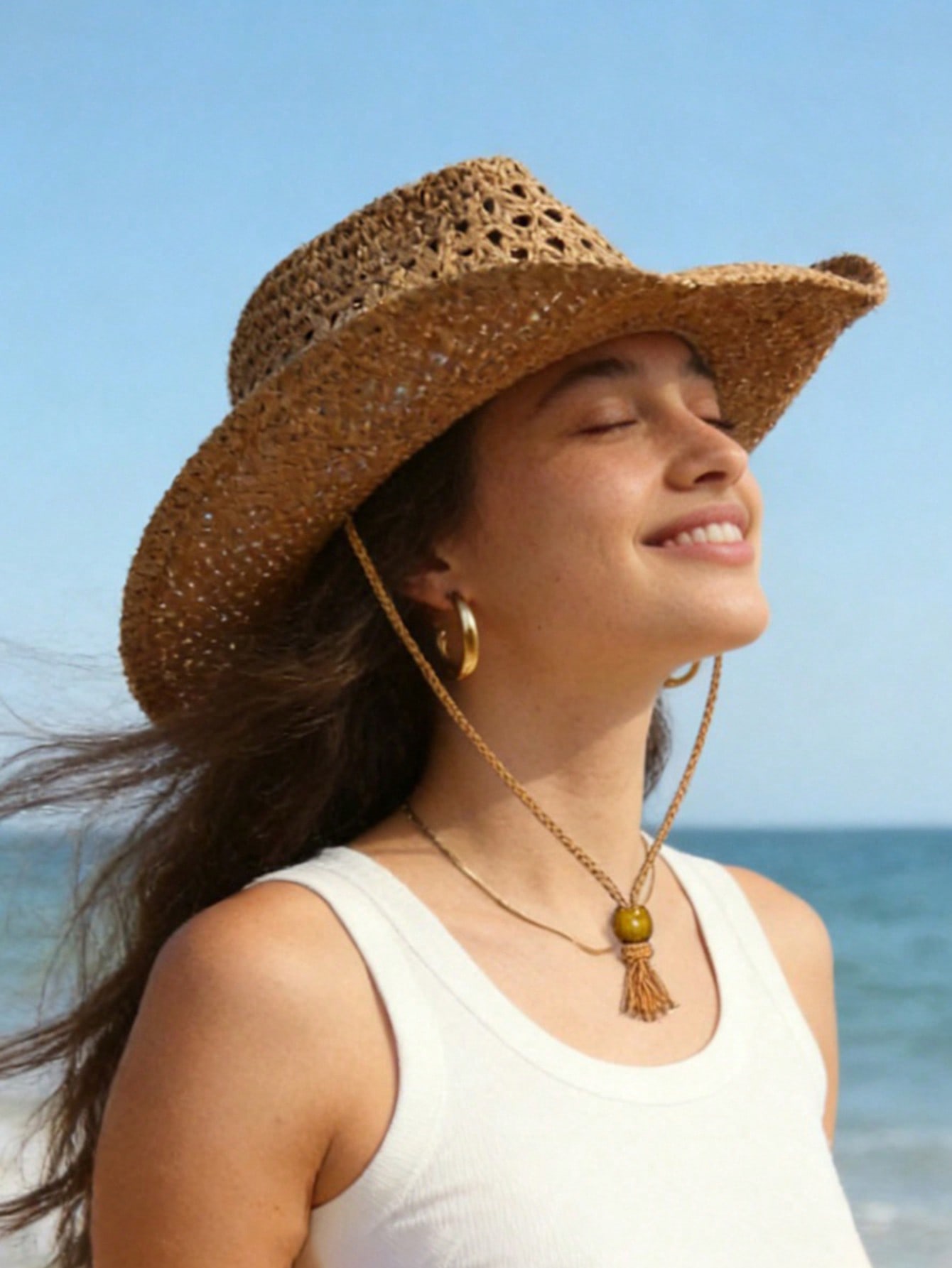 1pc Unisex Retro Hollow Curled - Cowboy Hat Straw のレビューと価格