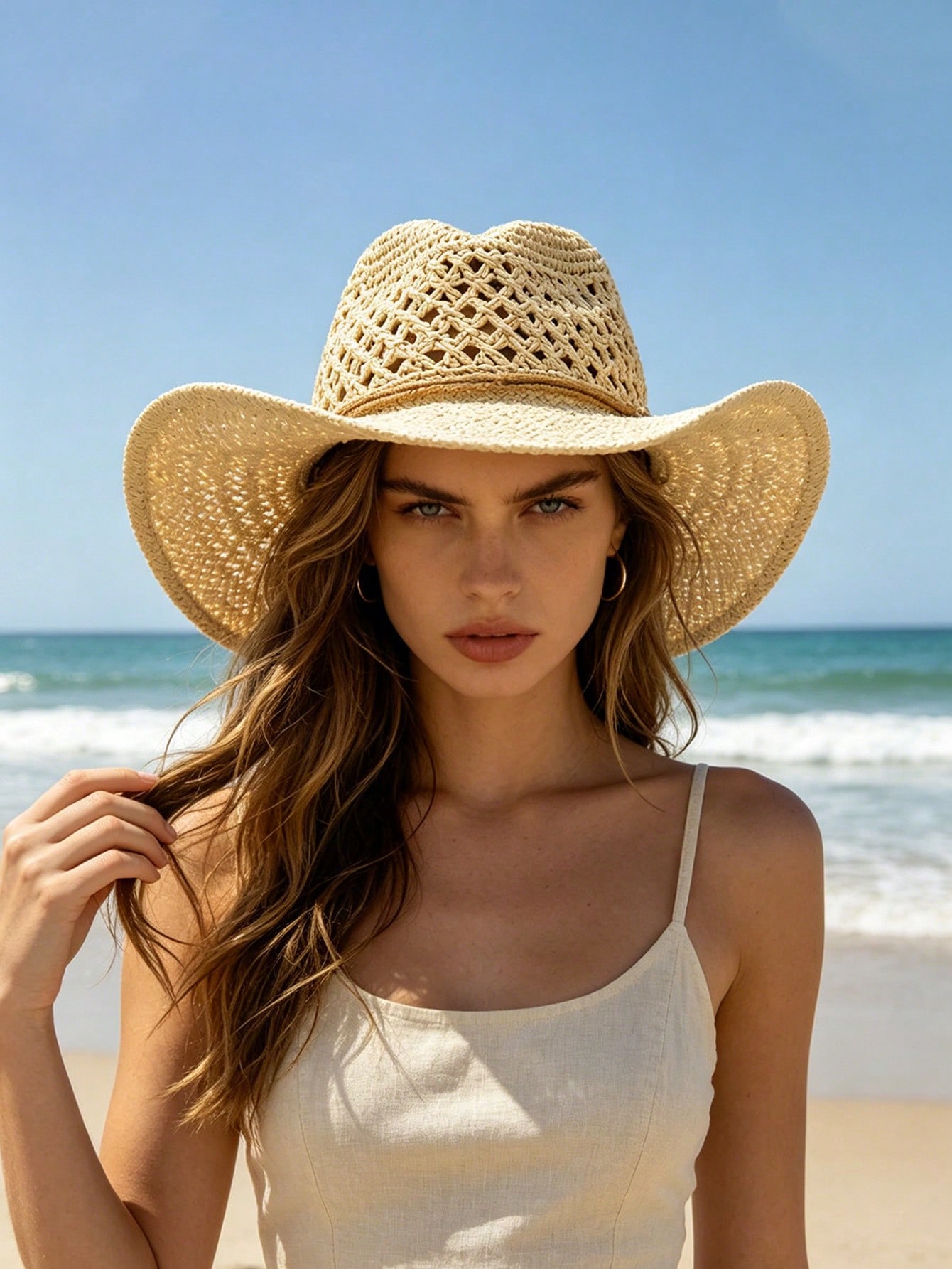 1pc Unisex Retro Hollow Curled - Cowboy Hat Straw のレビューと価格